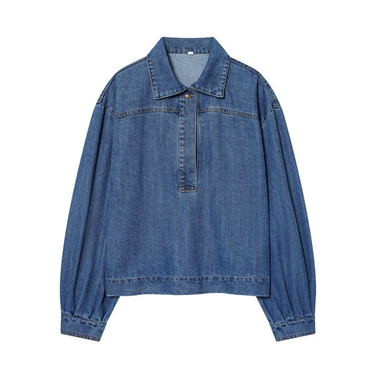 Damen Oversize Denim-Pulloverjacke mit halber Knopfleiste Shop Nory