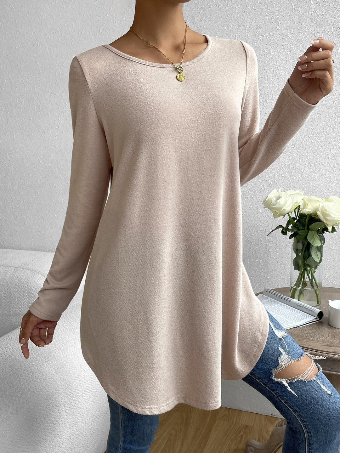 Damen Oversize Longline Feinstrick-Tunika mit Rundhalsausschnitt Shop Nory