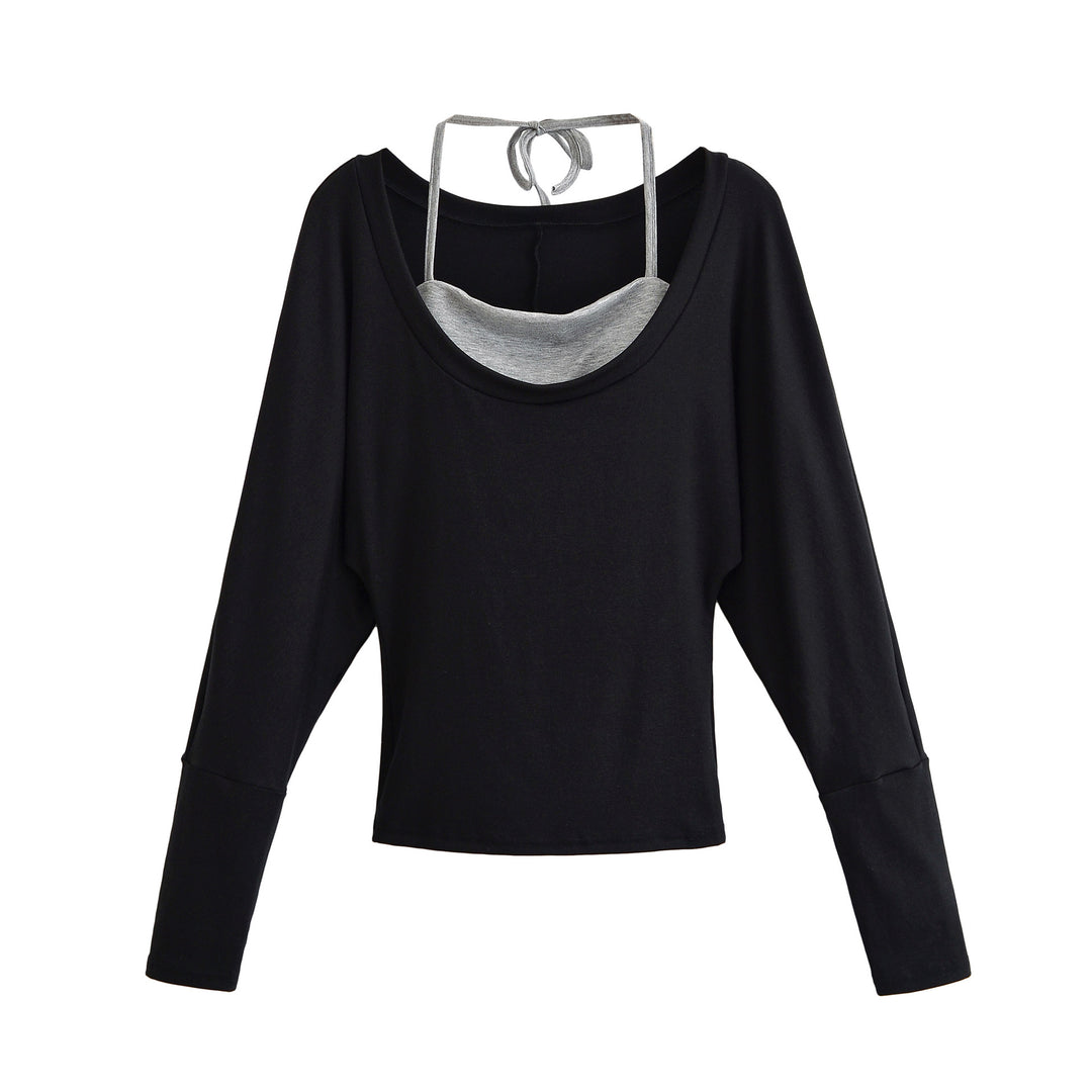 Damen Lagen-Langarmshirt mit integriertem Spaghettiträger-Cami und weitem Rundhals Shop Nory