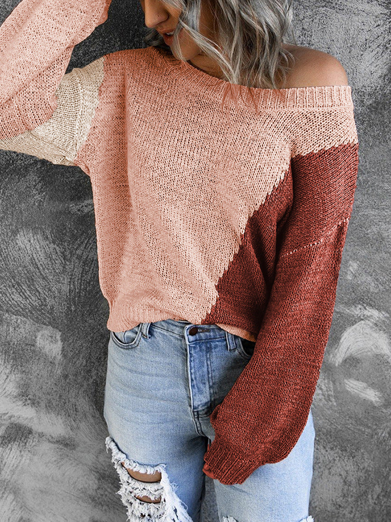 Damen Oversize Strickpullover mit Carmenausschnitt und Colorblock-Design Shop Nory