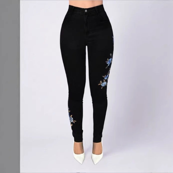 Damen Hochtaillierte Sculpting-Skinny-Jeans mit seitlicher Blumenstickerei Shop Nory