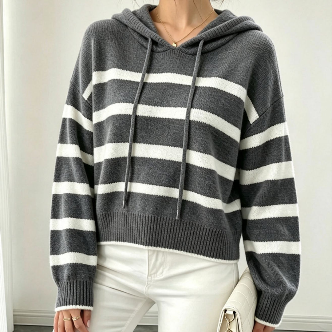 Damen Kapuzen-Strickpullover im Maritim-Look mit geripptem Saum und relaxed Fit Shop Nory