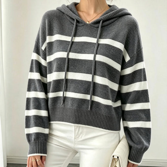 Damen Kapuzen-Strickpullover im Maritim-Look mit geripptem Saum und relaxed Fit Shop Nory
