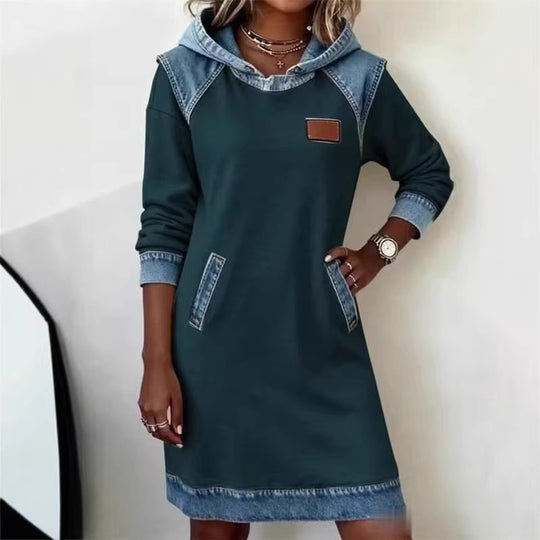Damen Kapuzen Sweatkleid mit Denim-Besatz, Kängurutaschen und lässiger A-Linien Silhouette Shop Nory