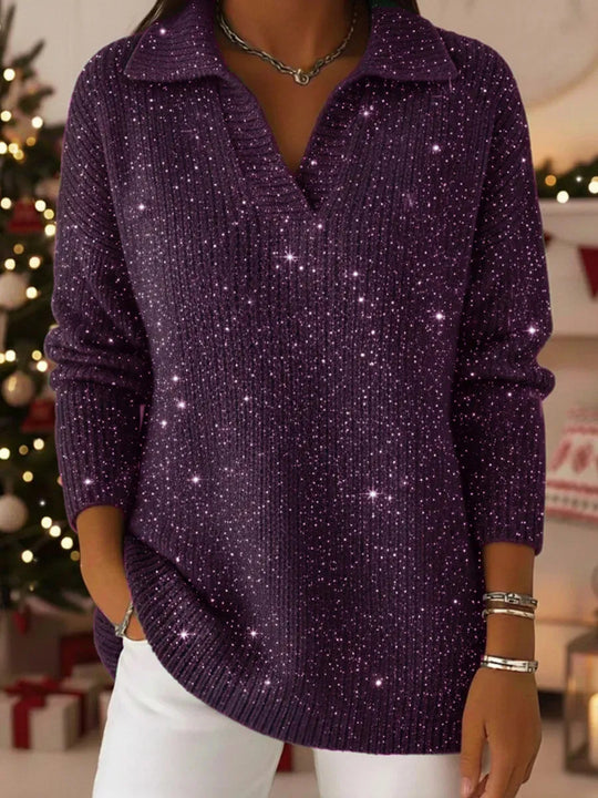 Damen Eleganter V-Pullover mit glänzenden Akzenten