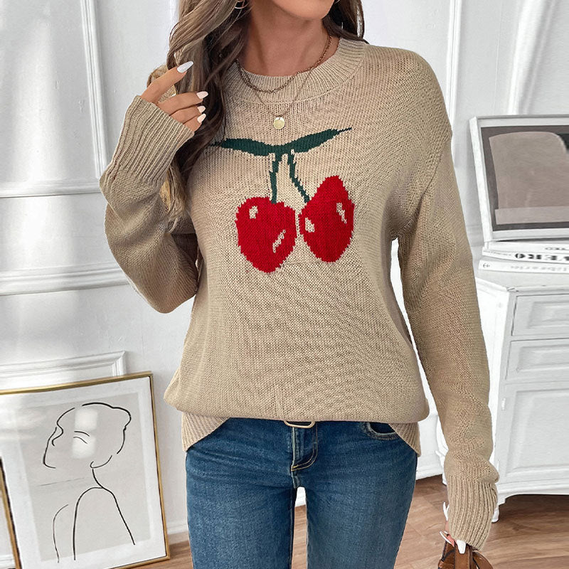 Damen Strickpullover mit Kirschen-Intarsie, Rundhalsausschnitt und legerem Oversize-Schnitt Shop Nory