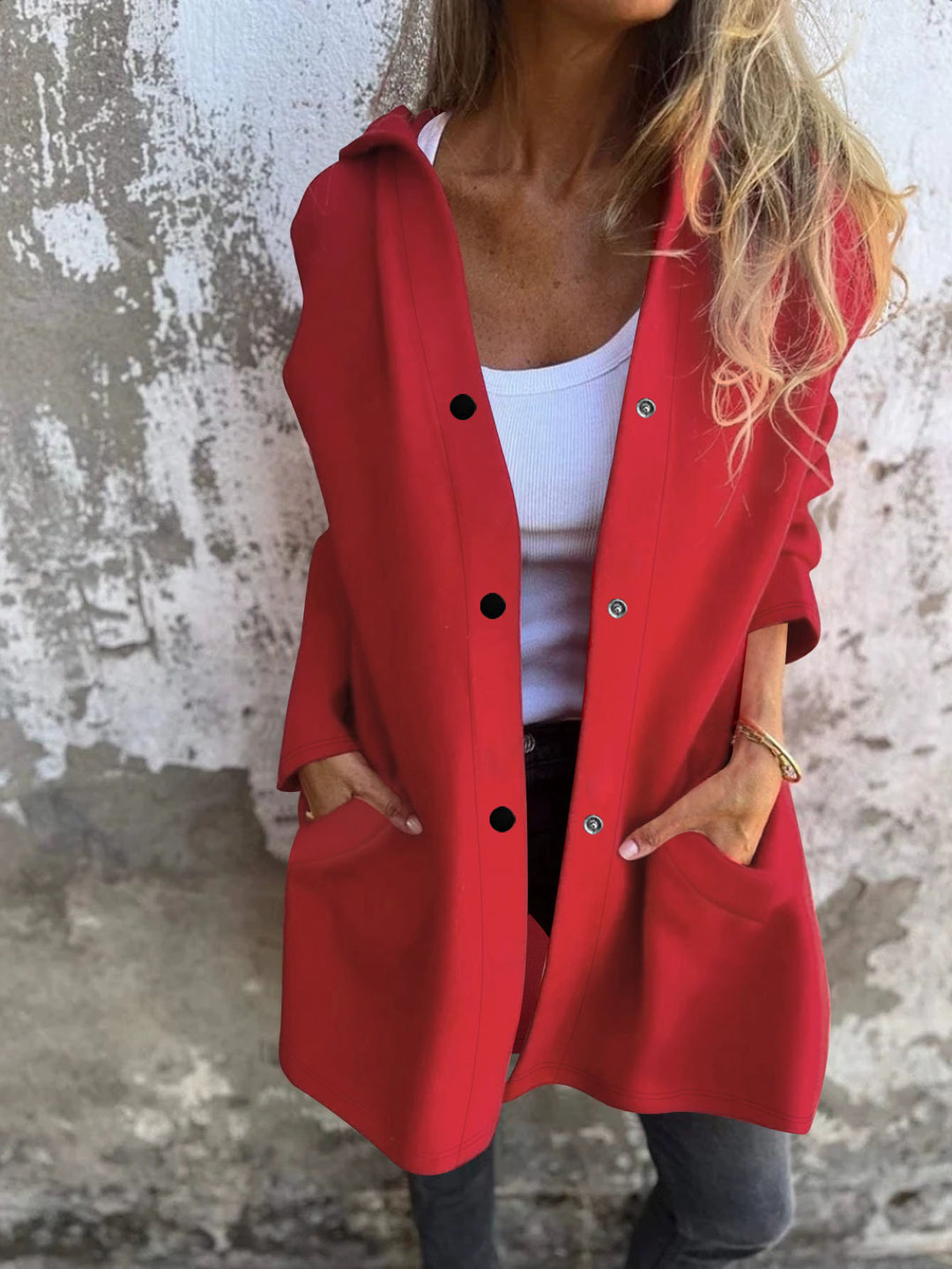 Damen Langer Kapuzenmantel aus weichem Sweat mit Druckknopfverschluss und seitlichen Eingrifftaschen Shop Nory