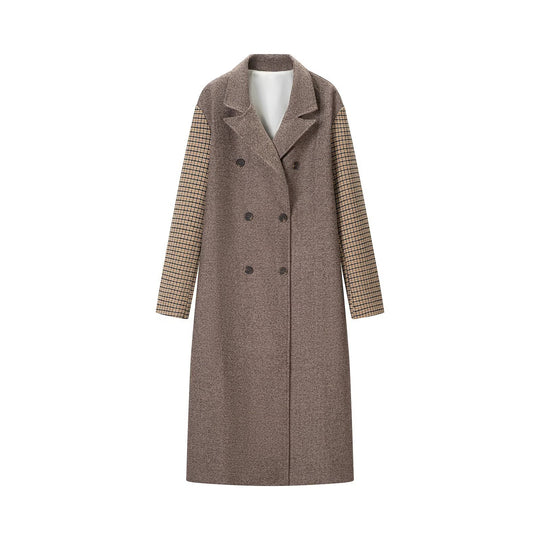 Damen elegant-langer Mantel mit Doppelreihe, Kontrastärmeln und Glencheck-Details Shop Nory