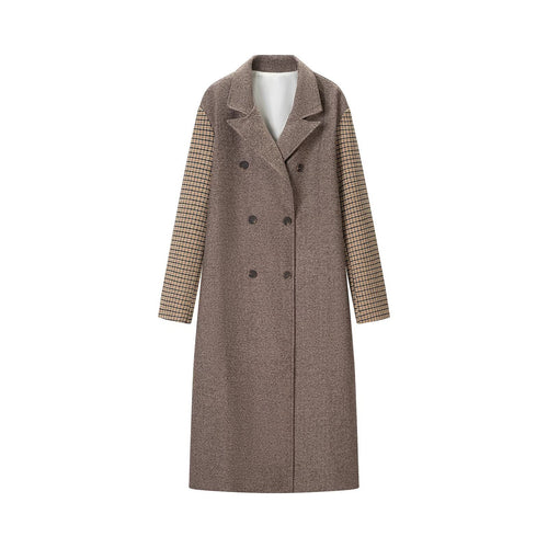 Damen elegant-langer Mantel mit Doppelreihe, Kontrastärmeln und Glencheck-Details Shop Nory
