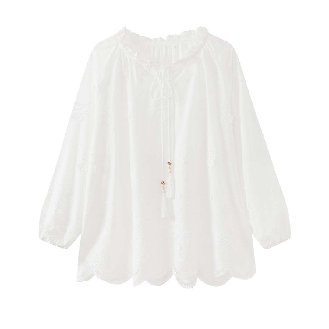 Damen Bestickte Baumwoll-Spitzenbluse mit Volumenärmeln und V‑Ausschnitt Shop Nory