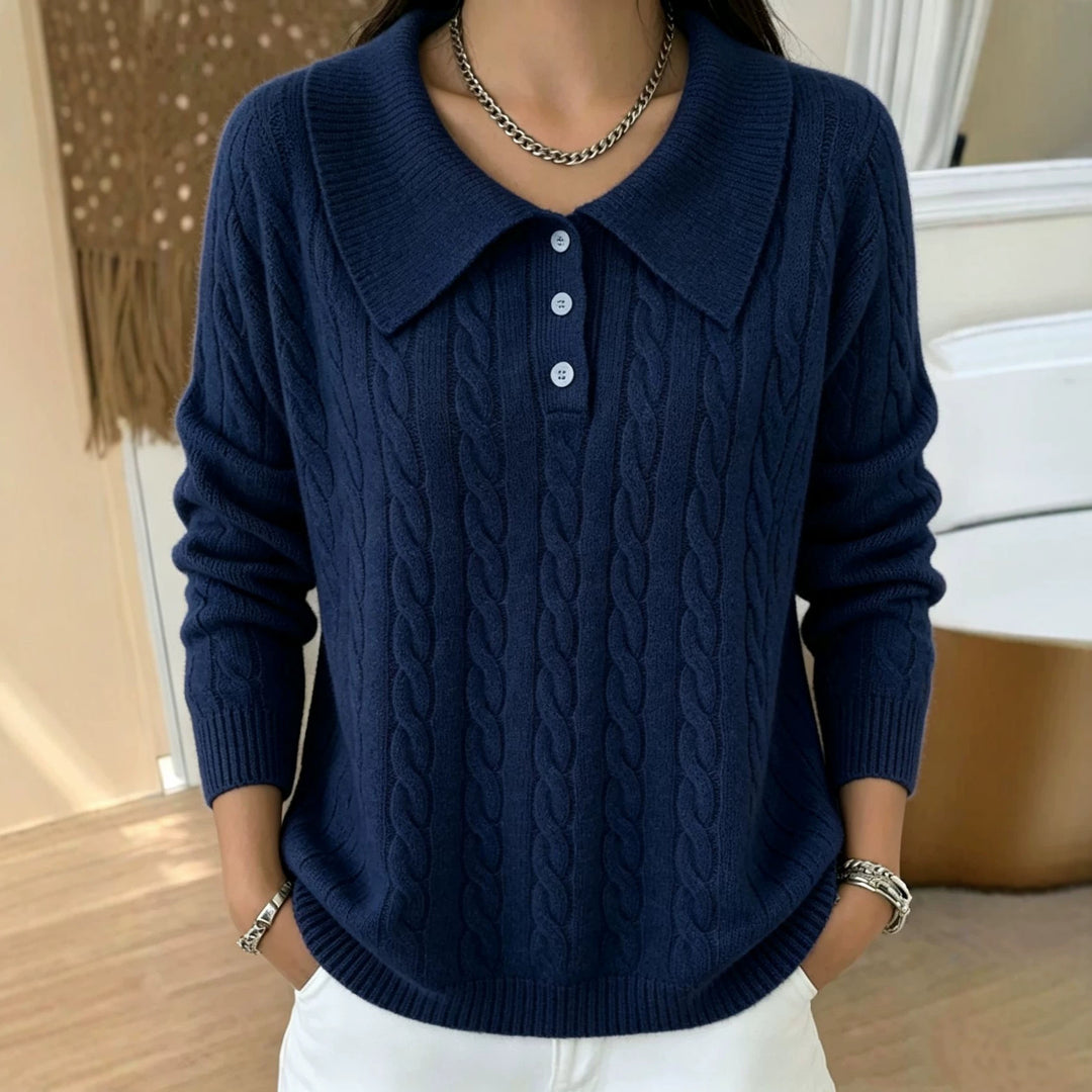 Damen Kabelstrick-Polo-Pullover mit großem Umlegekragen und lockerer Silhouette Shop Nory