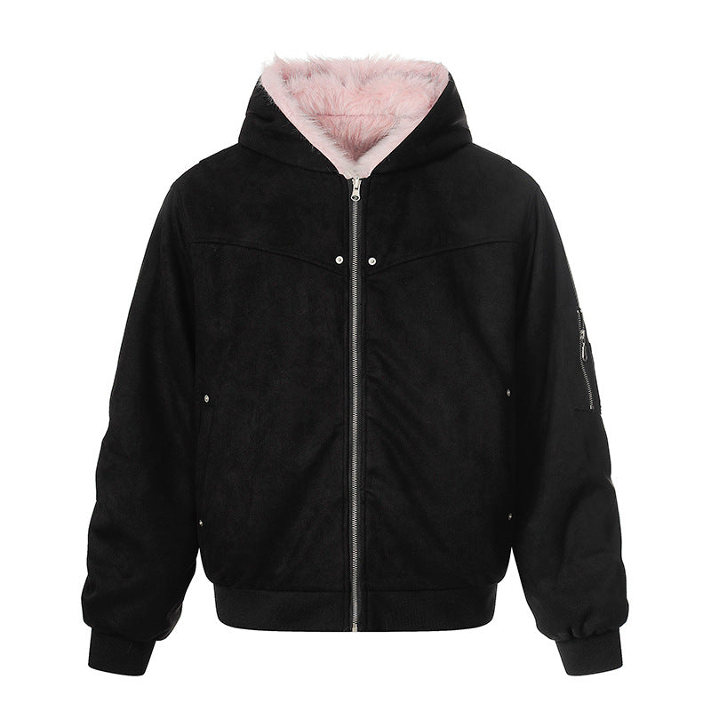 Damen Gepolsterte Kapuzen-Bomberjacke mit Kunstfellfutter, Velours-Außenmaterial und Reißverschluss Shop Nory