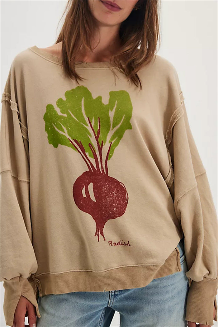 Damen oversized Sweatshirt mit Rüben-Print, ausgefransten Nahtakzenten und Daumenlochärmeln Shop Nory