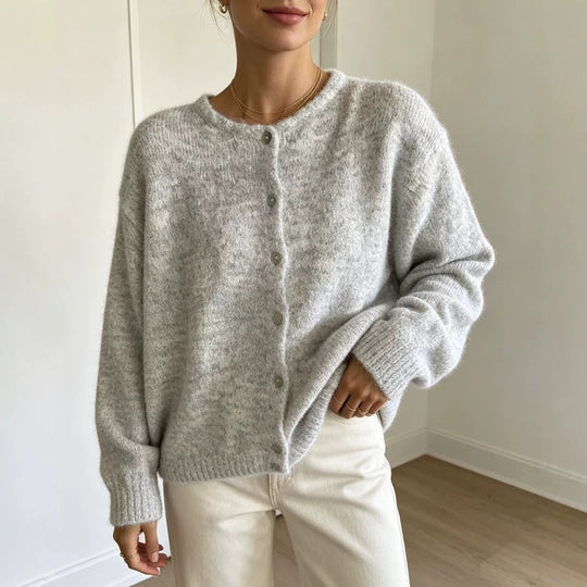 Damen Rundhals-Strickjacke mit weichem Flormix, Knopfverschluss und gerippten Bündchen Shop Nory