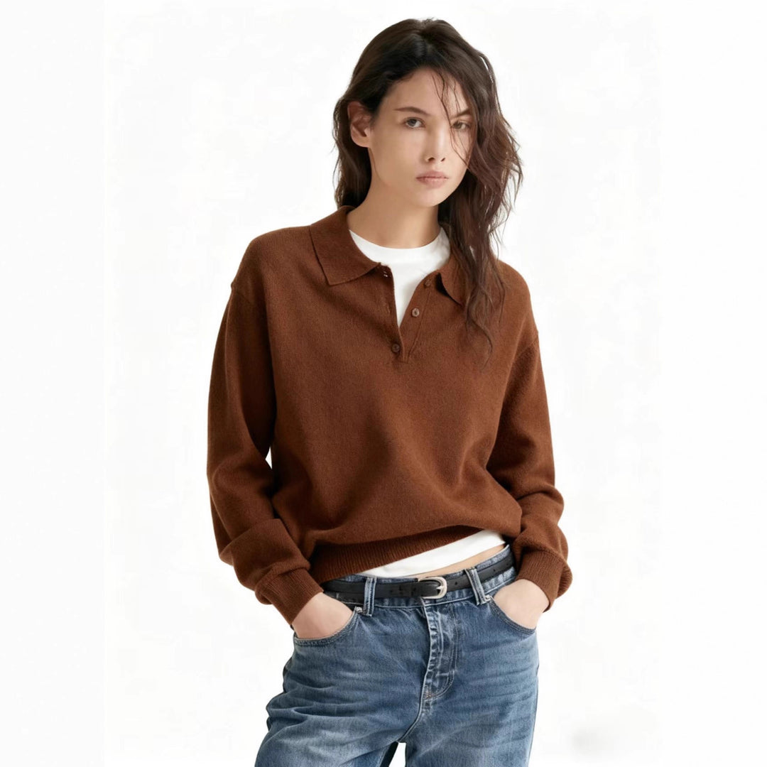 Damen Feinstrick-Polo-Sweater mit Knopfleiste und geripptem Saum Shop Nory