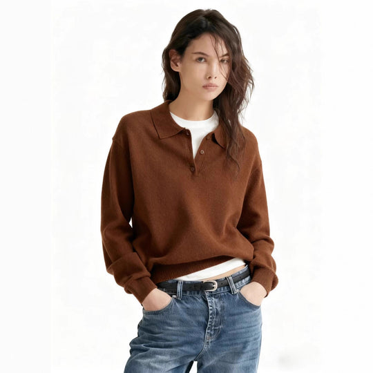 Damen Feinstrick-Polo-Sweater mit Knopfleiste und geripptem Saum Shop Nory