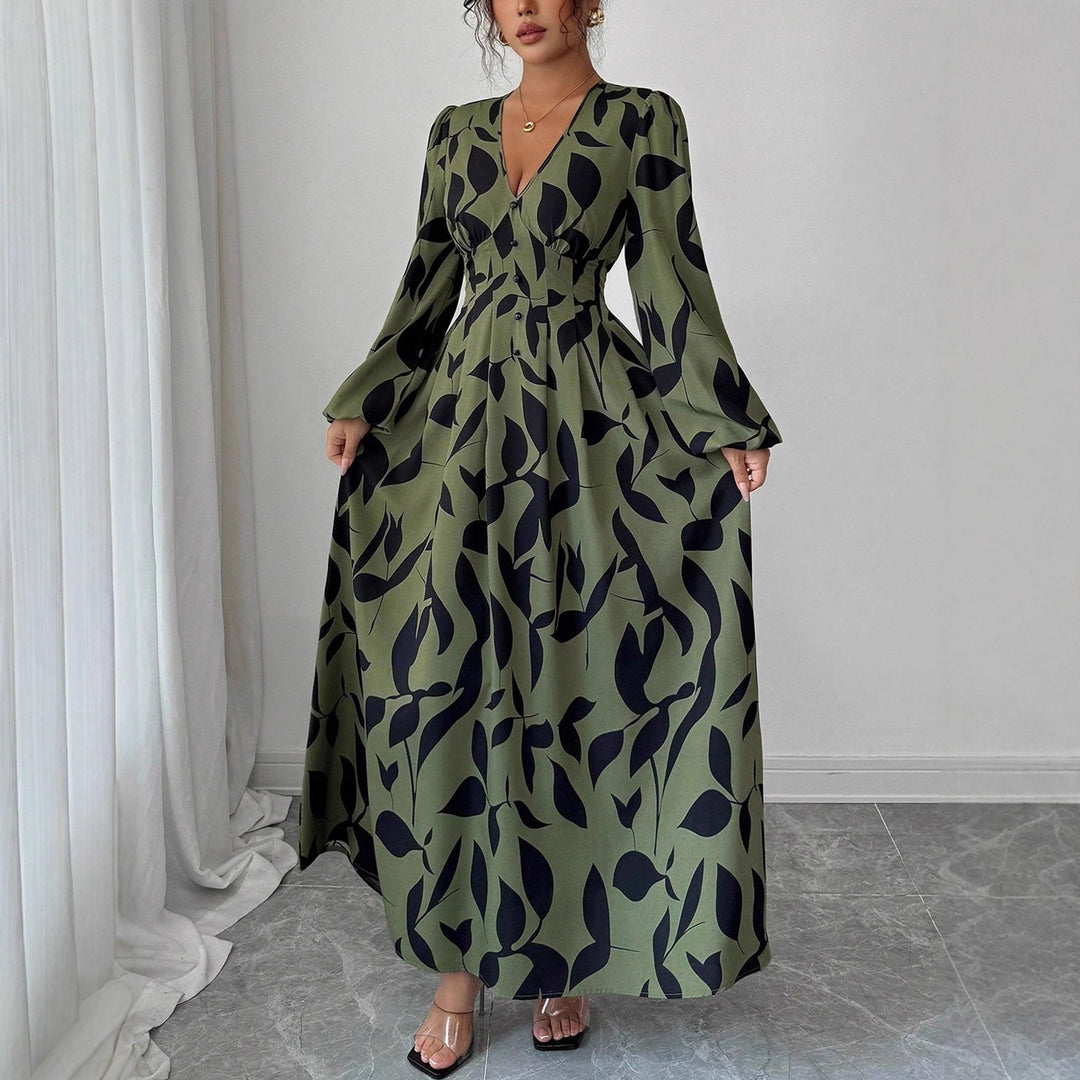 Damen Maxikleid mit taillierter Knopfleiste, V‑Ausschnitt und Ballonärmeln Shop Nory