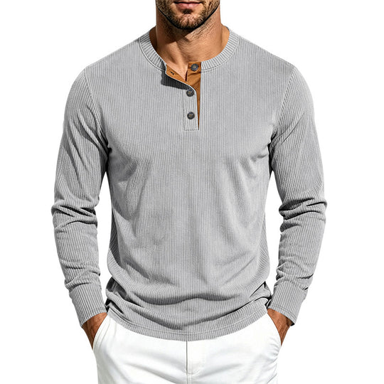 Herren Geripptes Henley-Langarmshirt aus Feinstrick mit Stehkragen und Knopfleiste Shop Nory