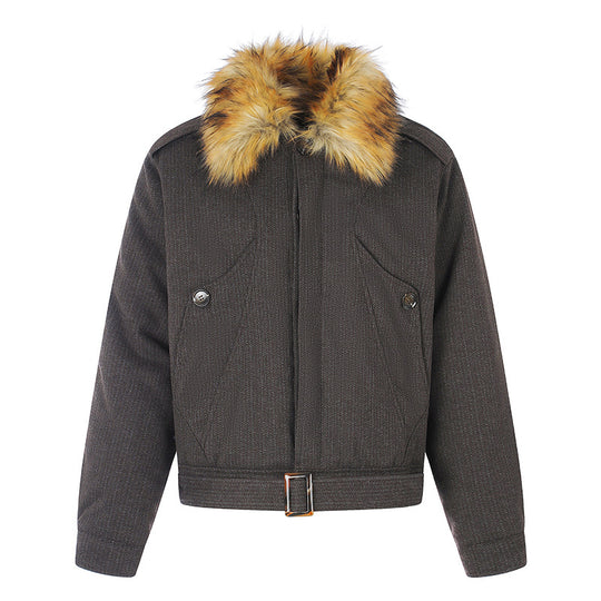 Damen kurz geschnittene wattierte Bomberjacke mit voluminösem Kunstpelzkragen und Taillengürtel Shop Nory