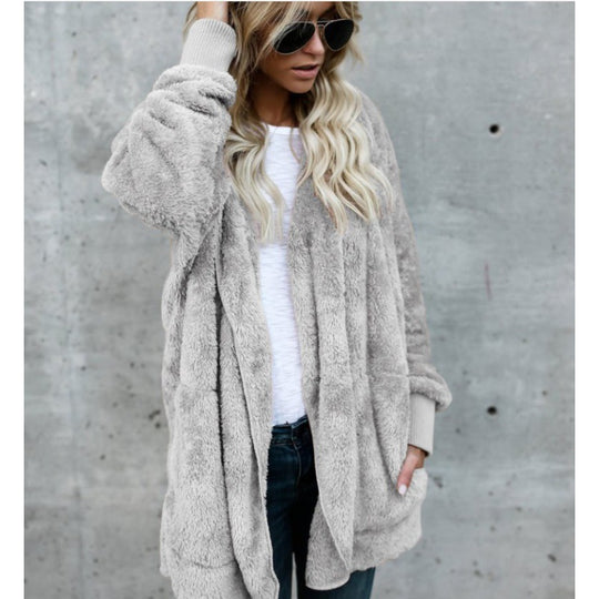 Damen Oversize Teddy‑Fleece‑Mantel mit offener Front, Eingrifftaschen und Rippbündchen Shop Nory