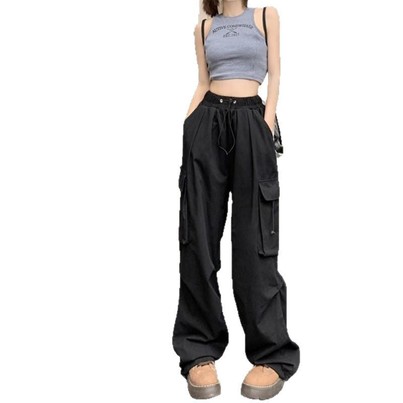 Damen nan Cargo-Hose mit hoher Taille, Elastikbund, großen Klappentaschen und Kordelzug Shop Nory