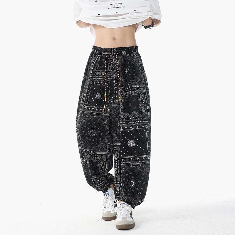 Damen lässige Pluderhose im Ethno-Print mit elastischem Bund, Kordelzug und gesmokten Bündchen Shop Nory