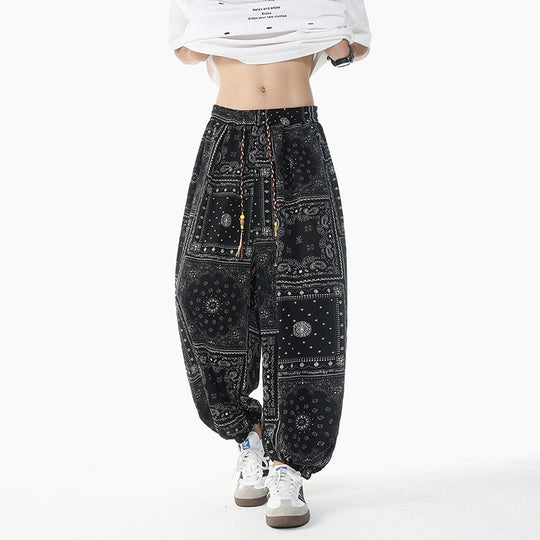 Damen lässige Pluderhose im Ethno-Print mit elastischem Bund, Kordelzug und gesmokten Bündchen Shop Nory