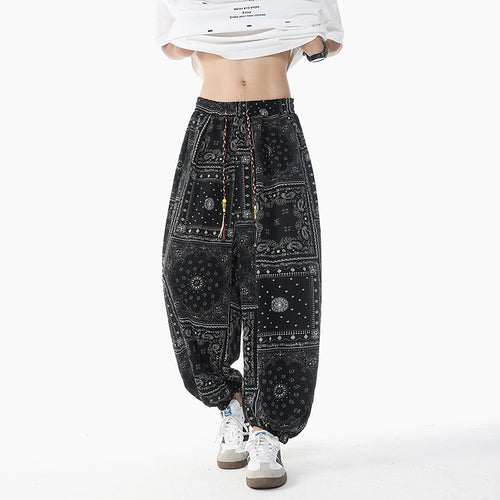 Damen lässige Pluderhose im Ethno-Print mit elastischem Bund, Kordelzug und gesmokten Bündchen Shop Nory