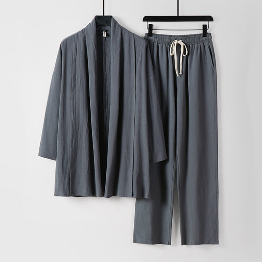 Unisex Lässiges Kimono-Zweiteiler aus atmungsaktivem Leinen-Viskose mit offenem Schalkragen und Kordelbundhose Shop Nory