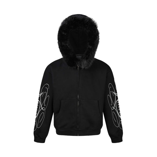 Unisex Oversize Kapuzenjacke aus Baumwollmix mit abnehmbarem Kunstfellbesatz und grafischen Ärmeldrucken Shop Nory