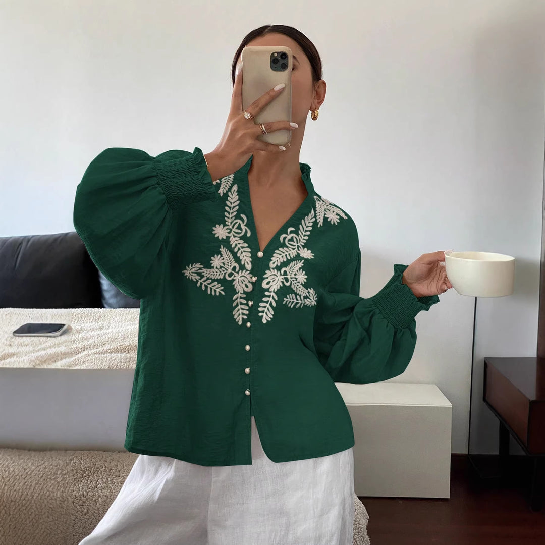 Damen Boho-Bluse mit Puffärmeln, Stickerei und Perlenknöpfen Shop Nory