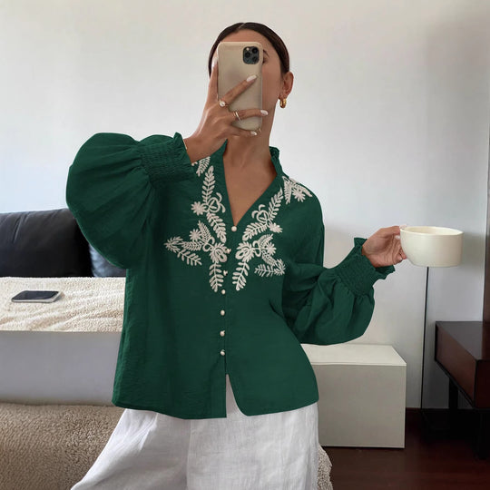Damen Boho-Bluse mit Puffärmeln, Stickerei und Perlenknöpfen Shop Nory