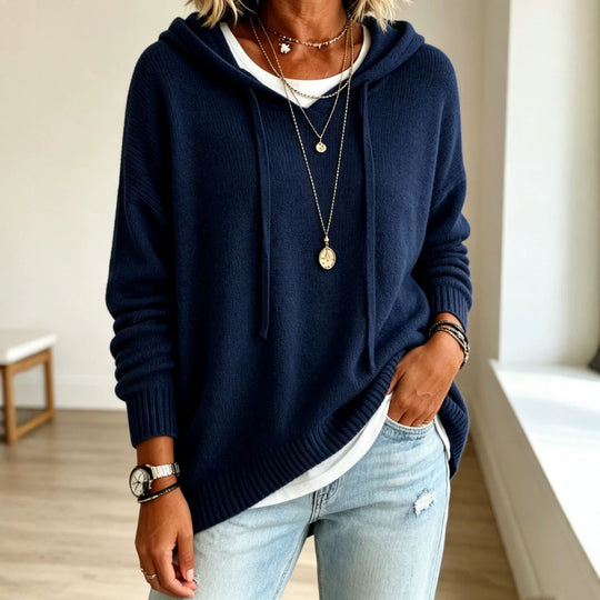 Damen Oversize Kapuzenpullover aus weichem Feinstrick mit Zier‑V‑Ausschnitt Shop Nory