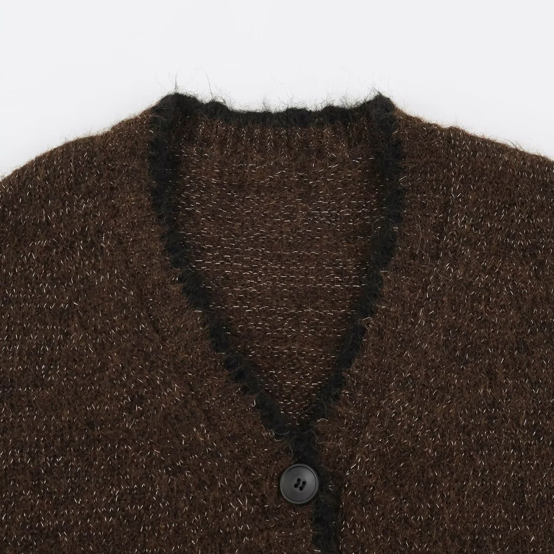 Damen Oversize Strickcardigan mit V-Ausschnitt, Knopfleiste und kontrastierenden Zierkanten Shop Nory