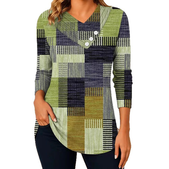 Damen Langarm-Tunika mit asymmetrischem V-Ausschnitt, Zierknopfleiste und kariertem Patchworkmuster Shop Nory