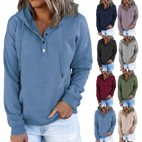 Damen Kapuzenpullover mit Henley-Knopfleiste, Kängurutasche und lockerer Passform Shop Nory
