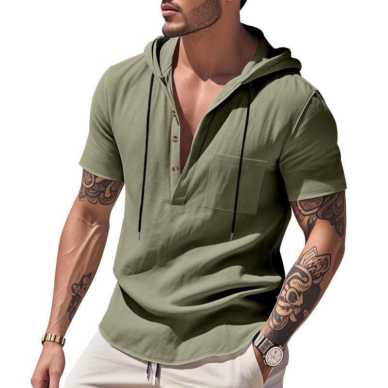 Herren nan legere Kurzarm-Kapuzen-Henley aus Single-Jersey mit Brusttasche und Kontrastkordel