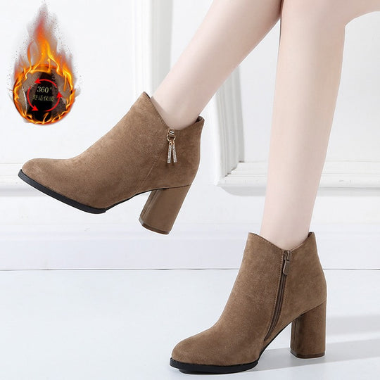 Damen Wärmende Samtvelours-Stiefeletten mit hohem Blockabsatz und seitlichem Reißverschluss Shop Nory