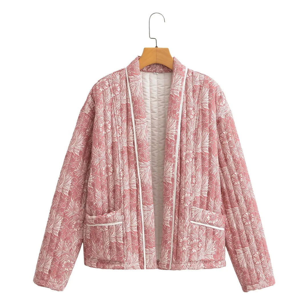 Damen Leichte gesteppte Jacke im Kimono-Stil mit floralem Blockdruck und Kontrastpaspel Shop Nory