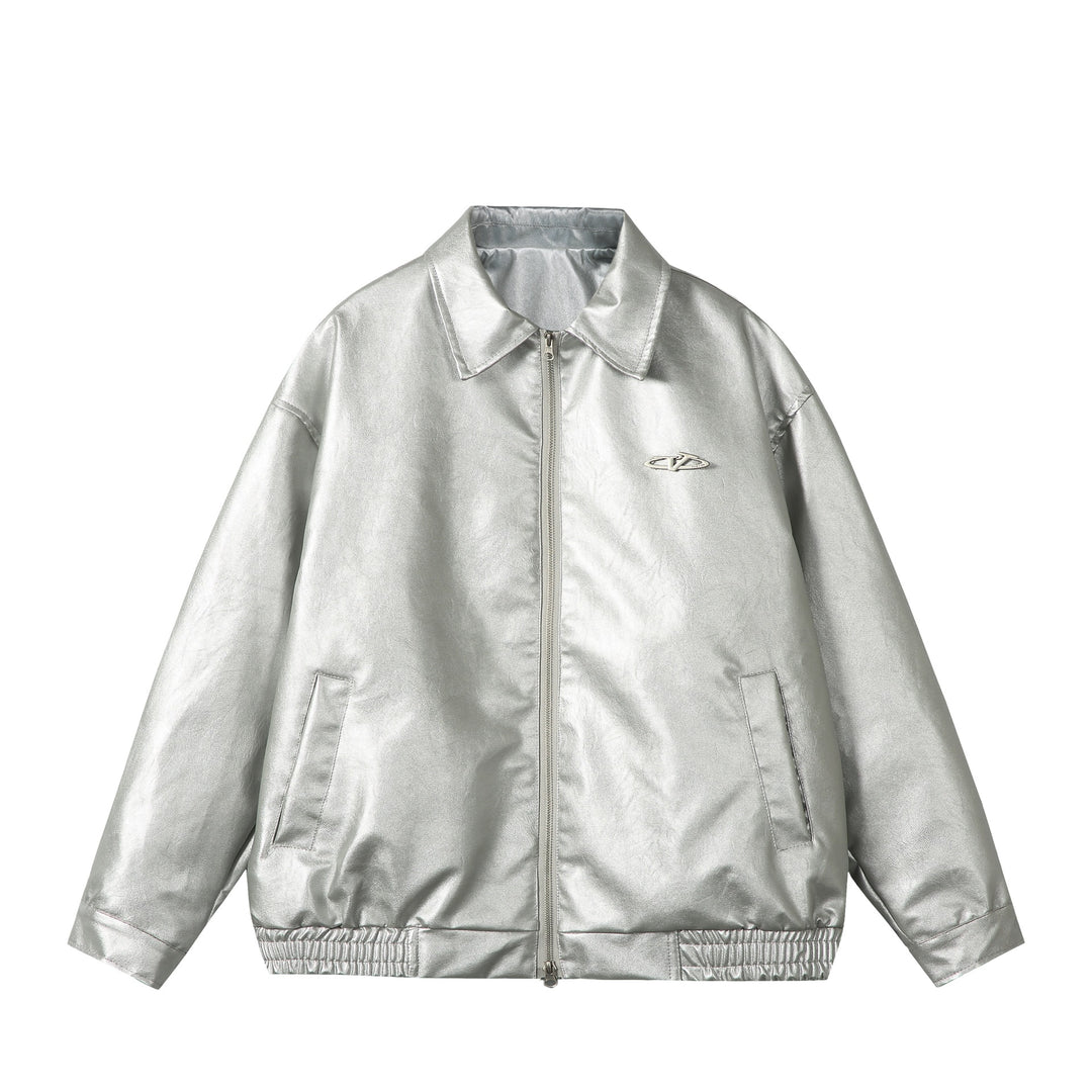 Damen Oversize Glattleder‑Optik Blousonjacke mit elastischem Saum und Metall‑Logo Shop Nory