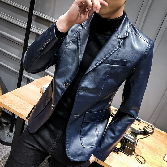 Herren Lässiges Slim-Fit Kunstleder-Sakko mit Reverskragen und aufgesetzten Taschen Shop Nory