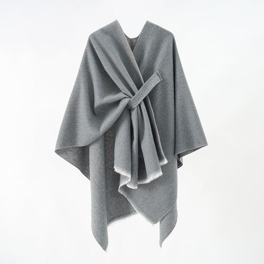 Damen luxuriöser Woll-Kaschmir-Poncho mit Bindegürtel und Fransensaum Shop Nory