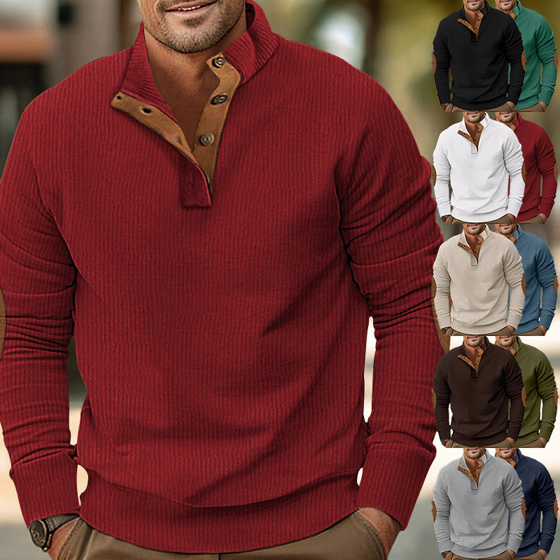 Herren nan geripptes Halbkragen-Sweatshirt mit Knopfleiste und Lederimitat-Ellbogenpatches Shop Nory