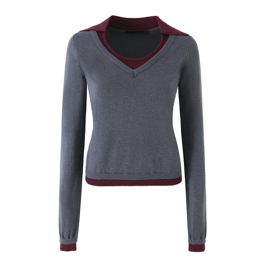 Damen Zweiteiliges Feinstrick-Set mit V-Ausschnitt, kontrastierendem Kragen und plissiertem Minirock Shop Nory