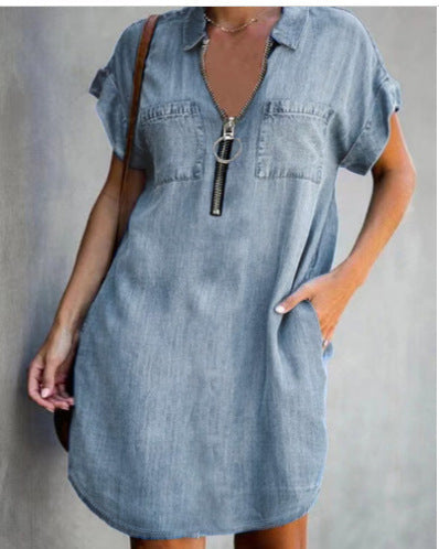 Damen Freizeit Denim-Kleid mit praktischen Taschen und Reißverschluss