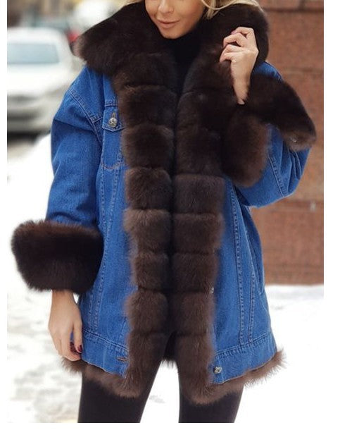 Damen Oversize Jeansjacke mit voluminösem Kunstfellkragen und Manschetten Shop Nory