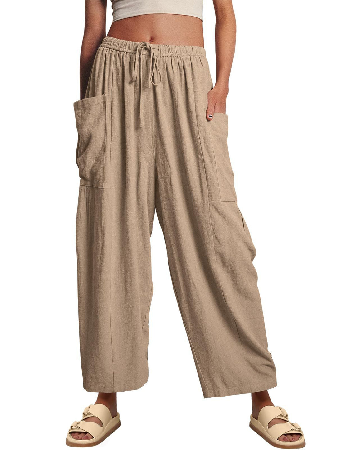 Damen Hochbundweite Weitbein Leinenmix Cargo Cropped Hose Shop Nory