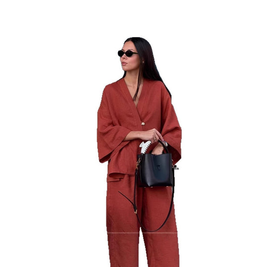 Damen Lässiges Leinenoptik-Zweiteiler mit Kimono-Blazer und weiter Palazzohose Shop Nory