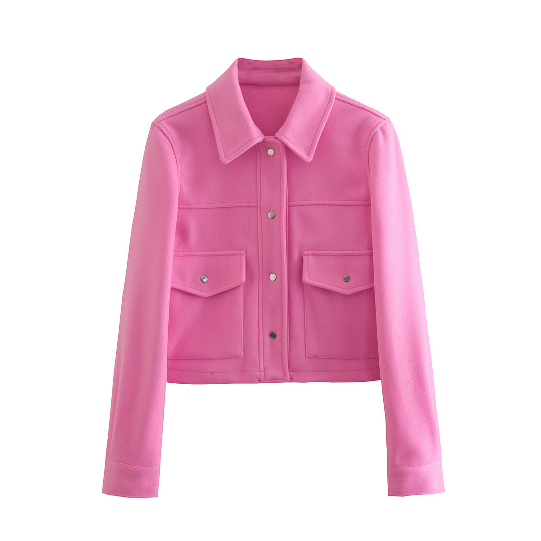 Damen Kurz geschnittene Wolloptik-Jacke mit Pattentaschen und Druckknöpfen Shop Nory