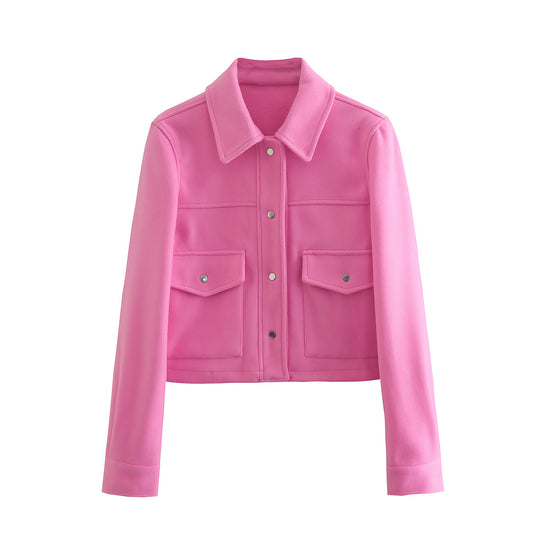 Damen Kurz geschnittene Wolloptik-Jacke mit Pattentaschen und Druckknöpfen Shop Nory